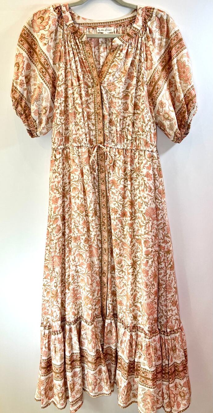 Blu Pepper Boho Floral Puff Sleeve Midi Dress – Peach -Size Large